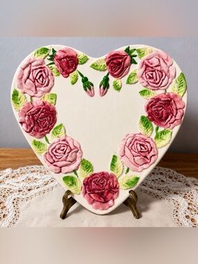 Vintage Portuguese Heart-Shaped Floral Ceramic Majolica Plate with Pink Roses
